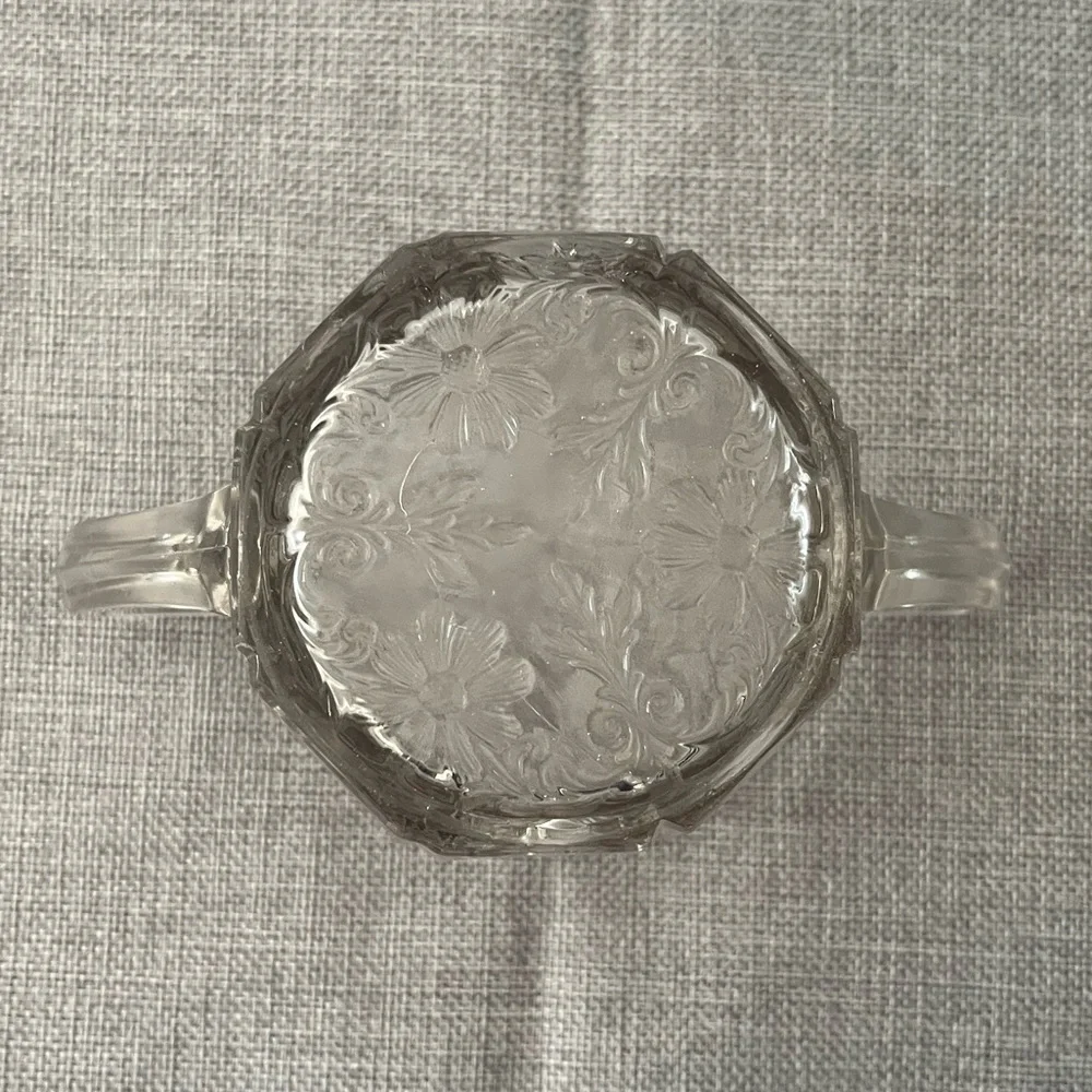 Vintage Clear Glass Sugar Bowl with Double Handles – Pressed Floral Design